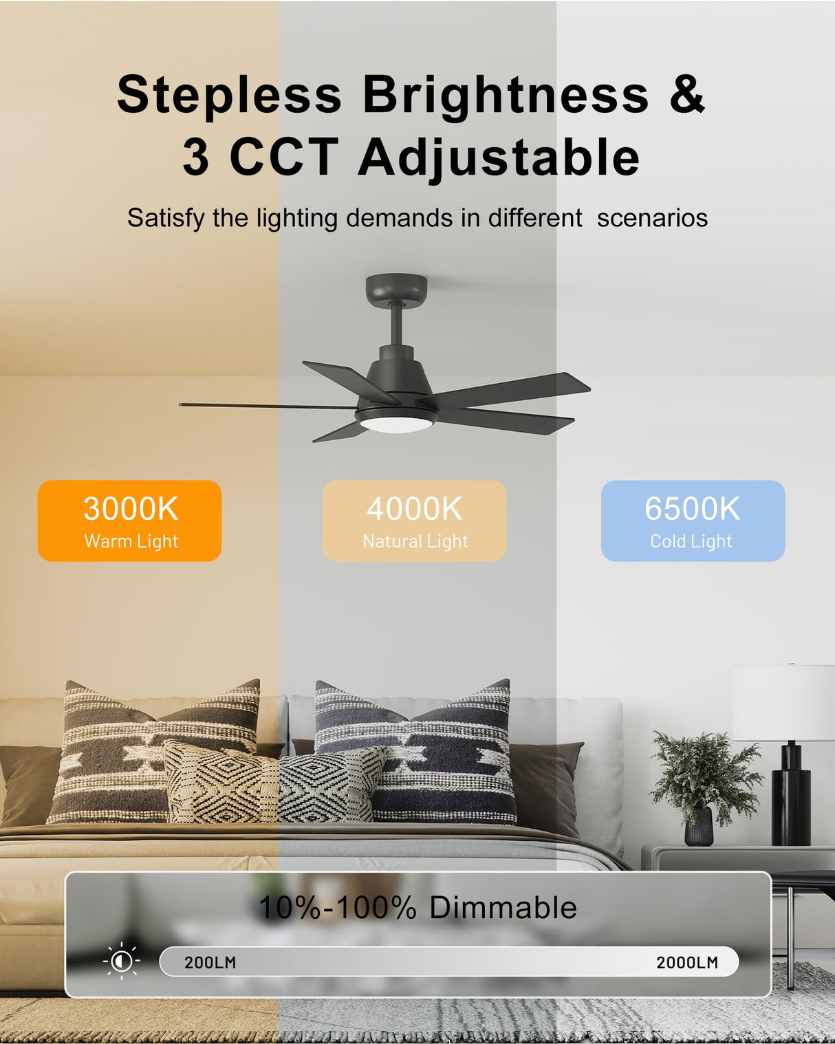 CubiCubi Ceiling Fan, 42" Black Ceiling Fans with Lights and Remote/APP Control, Quiet, 3000-6500K Dimmable, Modern Ceiling Fan with Light for Indoor Bedroom, Living Room, Kitchen CubiCubi
