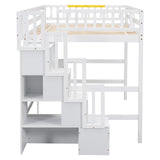 MERITLINE Luxurious Loft Bed: Full Size Loft Bed with Desk, Bookshelves and Storage Staircase, 13.8" H Safety Guard & Ladder, No Box Spring Needed, White MERITLINE