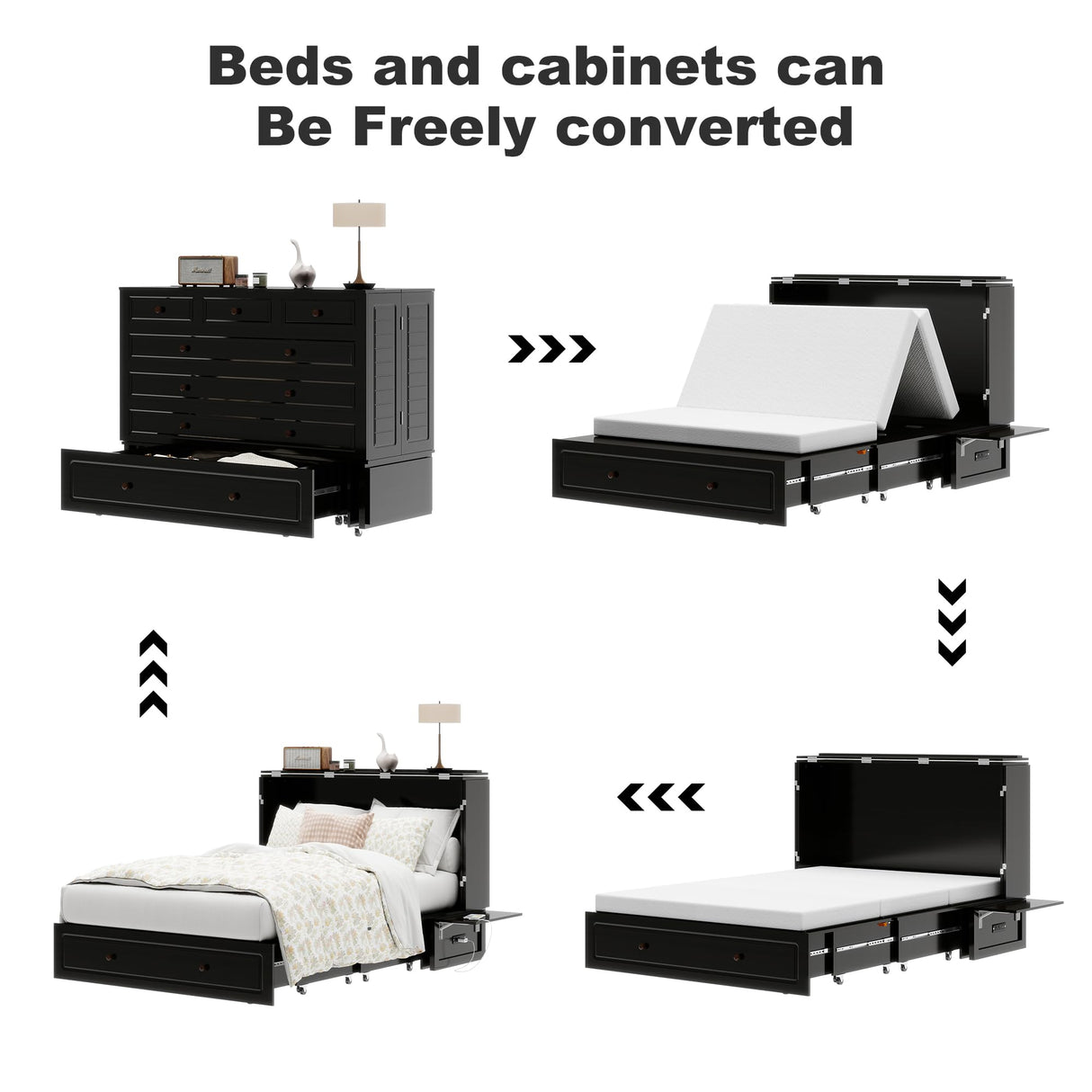 TemkTuek Queen Murphy Bed with Charging Station Cabinet Space Saving Wall Bed for Guest Room, Study, Apartment with Built in USB Ports (NOT Included Mattress) Black (13) TemkTuek