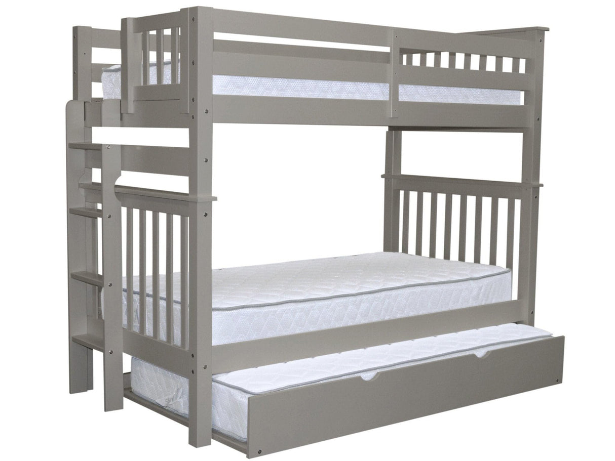 Bedz King Tall Bunk Beds Twin over Twin Mission Style with End Ladder and a Twin Trundle, Gray Bedz King