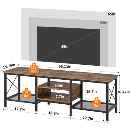 VECELO Industrial TV Stand for 65 Inch Television Cabinet 3-Tier Console with Open Storage Shelves, Entertainment Center Metal Frame for Living Room, Bedroom, 55 Inch, Dark Brown