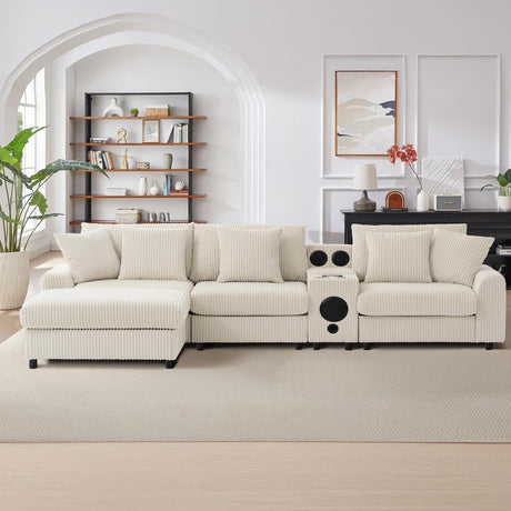 MAKIAAP 114" Corduroy Sectional Modular Couch with Bluetooth Speakers, L Shaped Couches Comfy Deep Sofa with Console, USB Charger, Cup Holders, Storage, Ottoman for Living Room (Beige, 114in) MAKIAAP