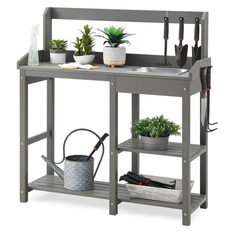 Psilvam Outdoor Potting Bench with Sink for All-Weather Gardens, HDPE Potting Benches for Outside, Planting Table for Garden, Patio and Lawn (Grey) Psilvam
