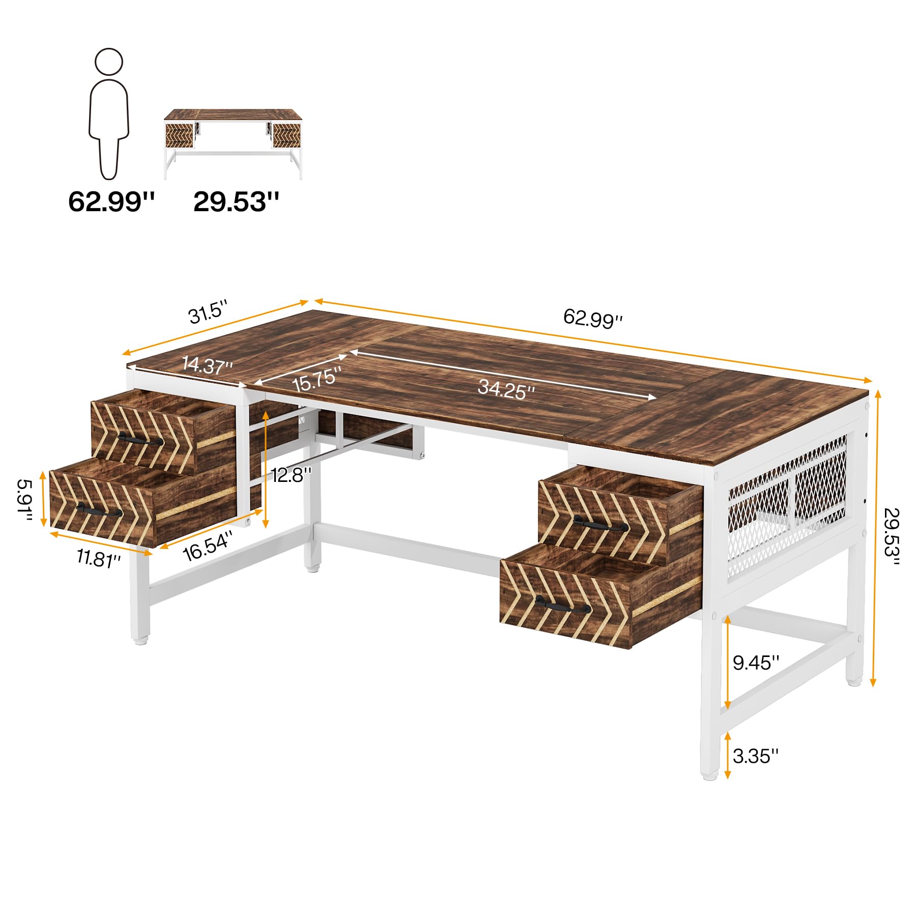 Tribesigns Computer Executive Desk with Drawers: Wood 63" Computer Desk with 4 Storage Drawers, Farmhouse Study Writing Table, Herringbone Business Furniture for Home Office, Brown and White - WoodArtSupply