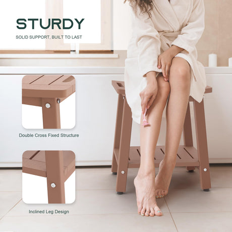 BEKVEM Shower Bench for Inside Shower, Teak-Color HDPE Shower Stool Waterproof, Spa Bathroom Seat Chair with Handle, Storage Shelf & Adjustable Feet - Indoor/Outdoor, Weather Resistant BEKVEM