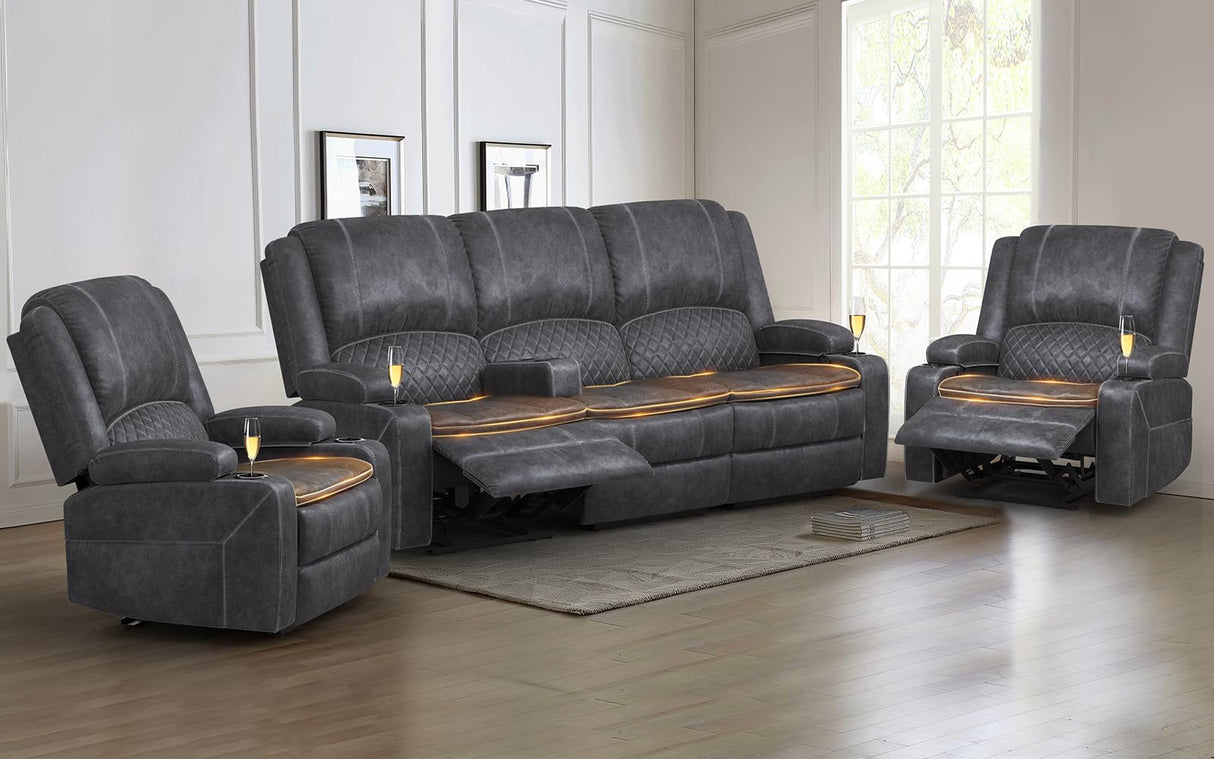 3 Seater Recliner Sofa Set with 2-Tier Cushion, 3+1+1 Pieces in Living Room, 3 Seater Reclining Couch Velvet Fabric with Removable Console, 2 Oversize Recliner Chair Sofa Seat - Grey Yolsali