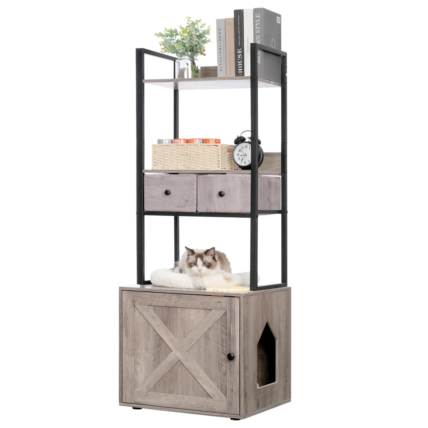 Hey-brother Litter Box Enclosure with 2 Storage Shelves and 2 Drawers, Large Hidden Cat Litter Box Furniture with Soft Cushion, Stores Most Litter Boxes and Cat Litter, Rustic Gray MPJ130SG