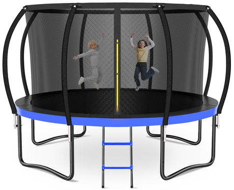 Zevemomo Outdoor Trampoline for Kids and Adults, 12FT 14FT Trampoline with Curved Poles Reinforced Enclosure, Recreational Trampolines with Ladder & Enclosure Net Blue Zevemomo