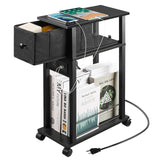 DGSANDGO Side Table with Charging Station and Drawer, Narrow End Table with USB Ports and Outlets for Small Space, Living Room, Bedroom and Office, with 4 Wheels Black DGSANDGO