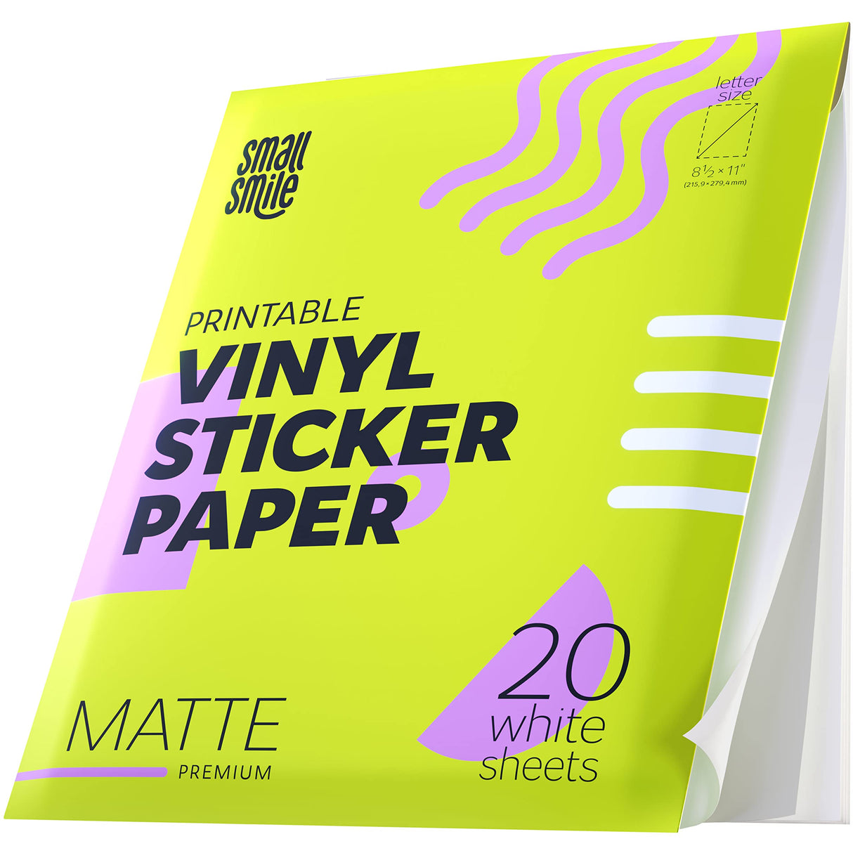 Premium Printable Vinyl Sticker Paper for Inkjet Printer and Laser - 20 White Matte Sticker Paper Waterproof - Durability Adhesive Paper 8.5 x 11, Fast Dry, Holds Ink Well, Great for Cutting Machines SMALL SMILE