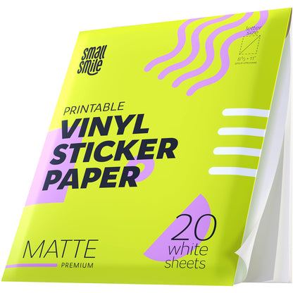 Premium Printable Vinyl Sticker Paper for Inkjet Printer and Laser - 20 White Matte Sticker Paper Waterproof - Durability Adhesive Paper 8.5 x 11, Fast Dry, Holds Ink Well, Great for Cutting Machines