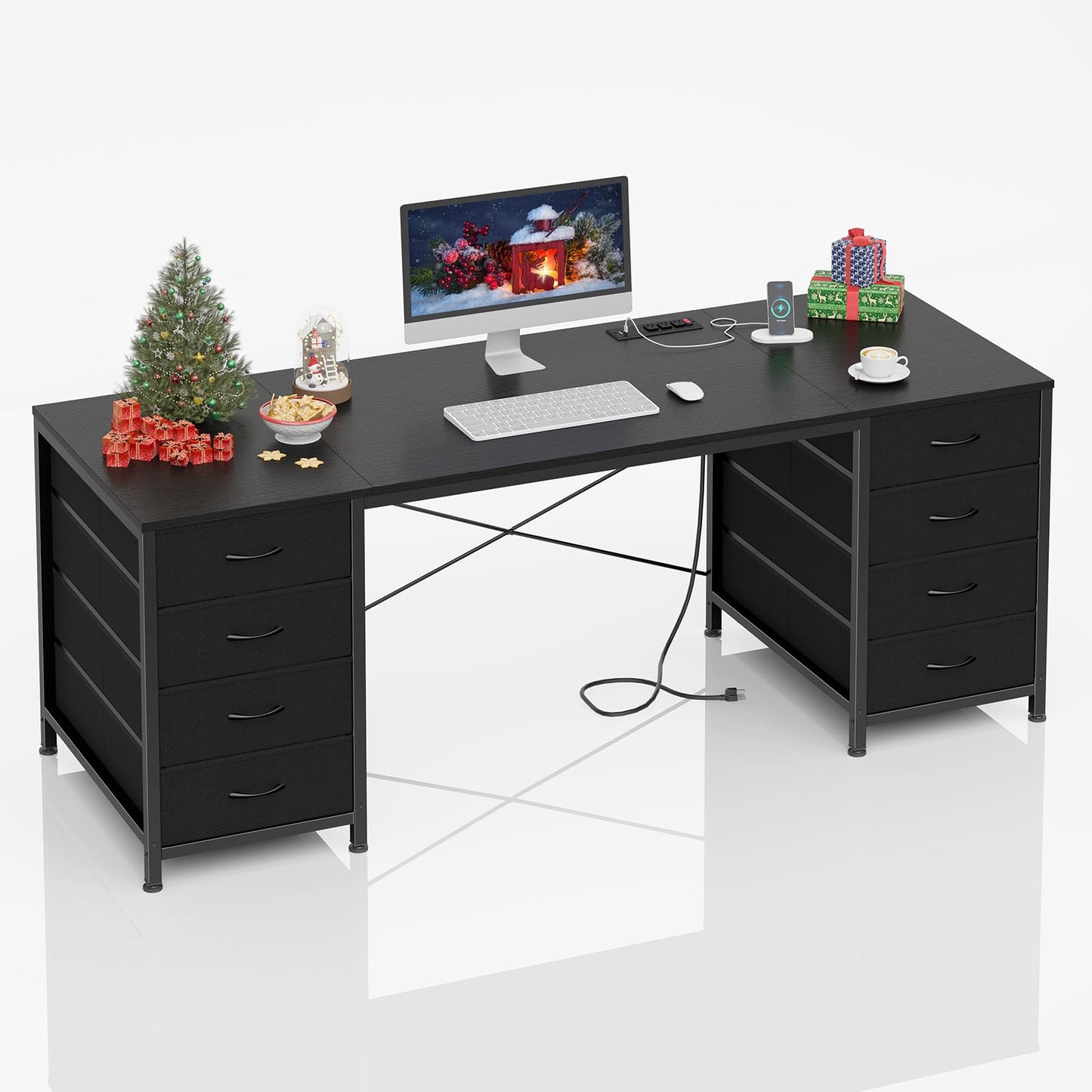 YOMILUVE 60 Inch Computer Desk with 8 Drawers, Home Office Desk with Power Outlets, Work Study Gaming Desk with 8 Fabric Drawers, Black