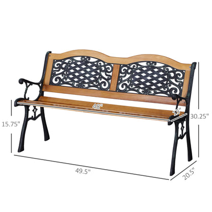 Outsunny 50" Outdoor Garden Bench, Patio Bench with Wood Seat, Porch Bench with Antique-Like Flourishes for Backyard, Deck, Lawn, Outside Pool, Teak - WoodArtSupply