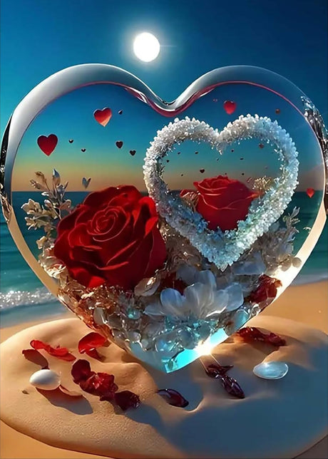 KINPLUB 5D Diamond Painting Kits for Adults, Roses in Love Beach Diamond Art Kits for Adults Beginners, DIY Full Drill Paint with Round Diamond Dots, Home Wall Decor 12x16 Inch KINPLUB