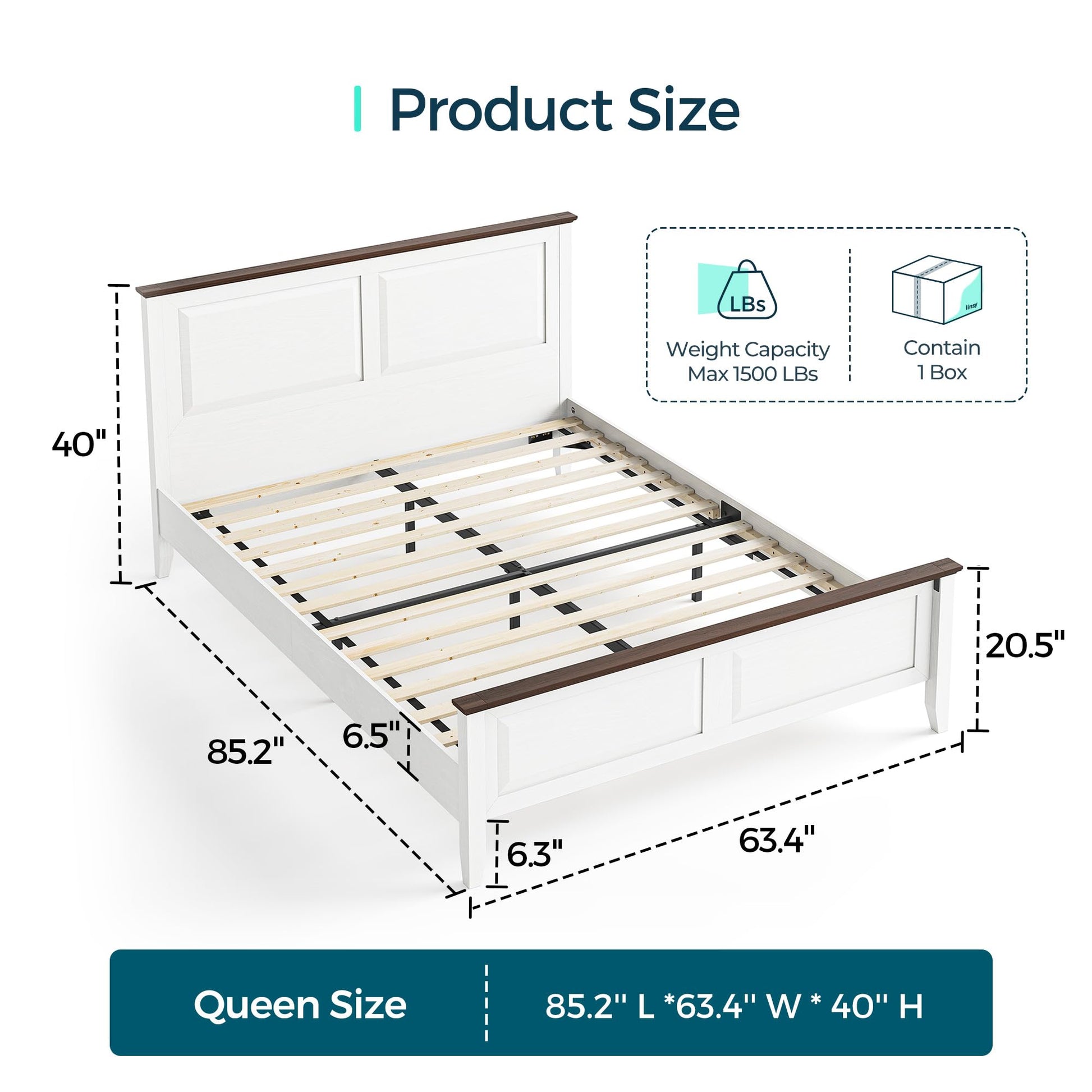 LINSY Wood Queen Bed Frame with Headboard, Farmhouse Bed Frame Queen Size with High Footboard, Wood Bed Fast Assembly, Noise-Free, No Box Spring Needed - White - WoodArtSupply