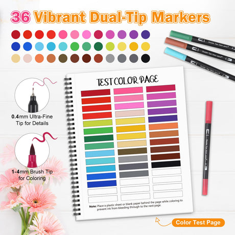 Adult Coloring Book Set for Women: Coloring Books for Adults Relaxation with 36 Colors Mrakers, Spiral Stress Relief Coloring Book with 30 Pattern Included Inspirational Flower Mandala, Gift for Women Asten