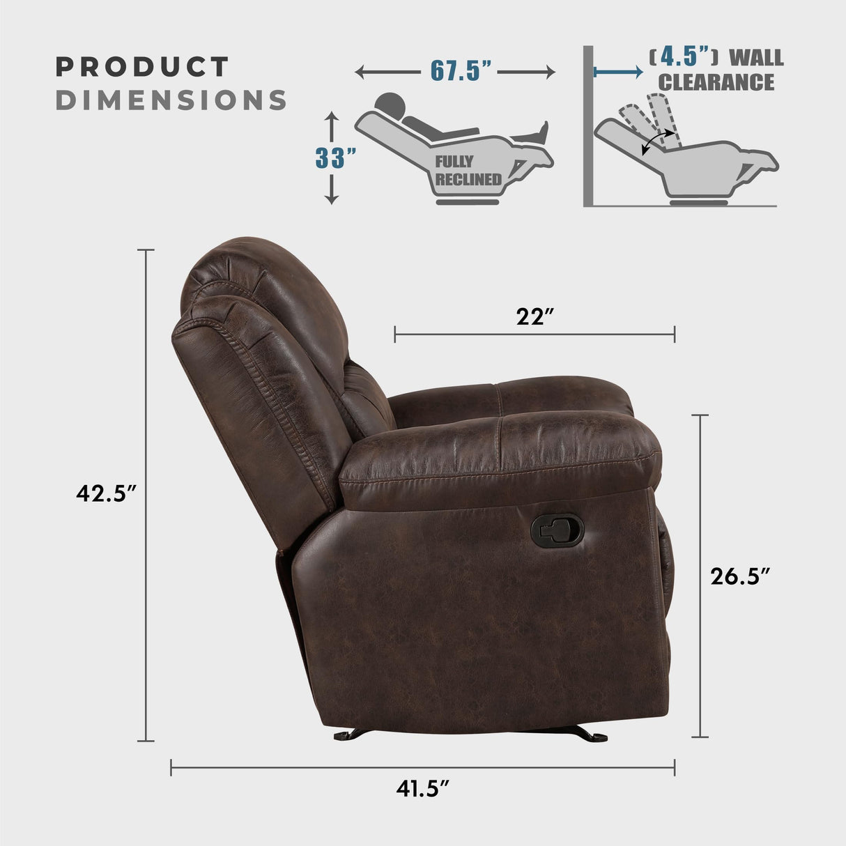 Lexicon Rocker Recliner Chair for Living Room, Wall Hugger Manual Recliner Chairs, Textured Microfiber Upholstered Rocking Reclining Chair, Home Theater Seating, Required Assembly, Dark Brown Lexicon