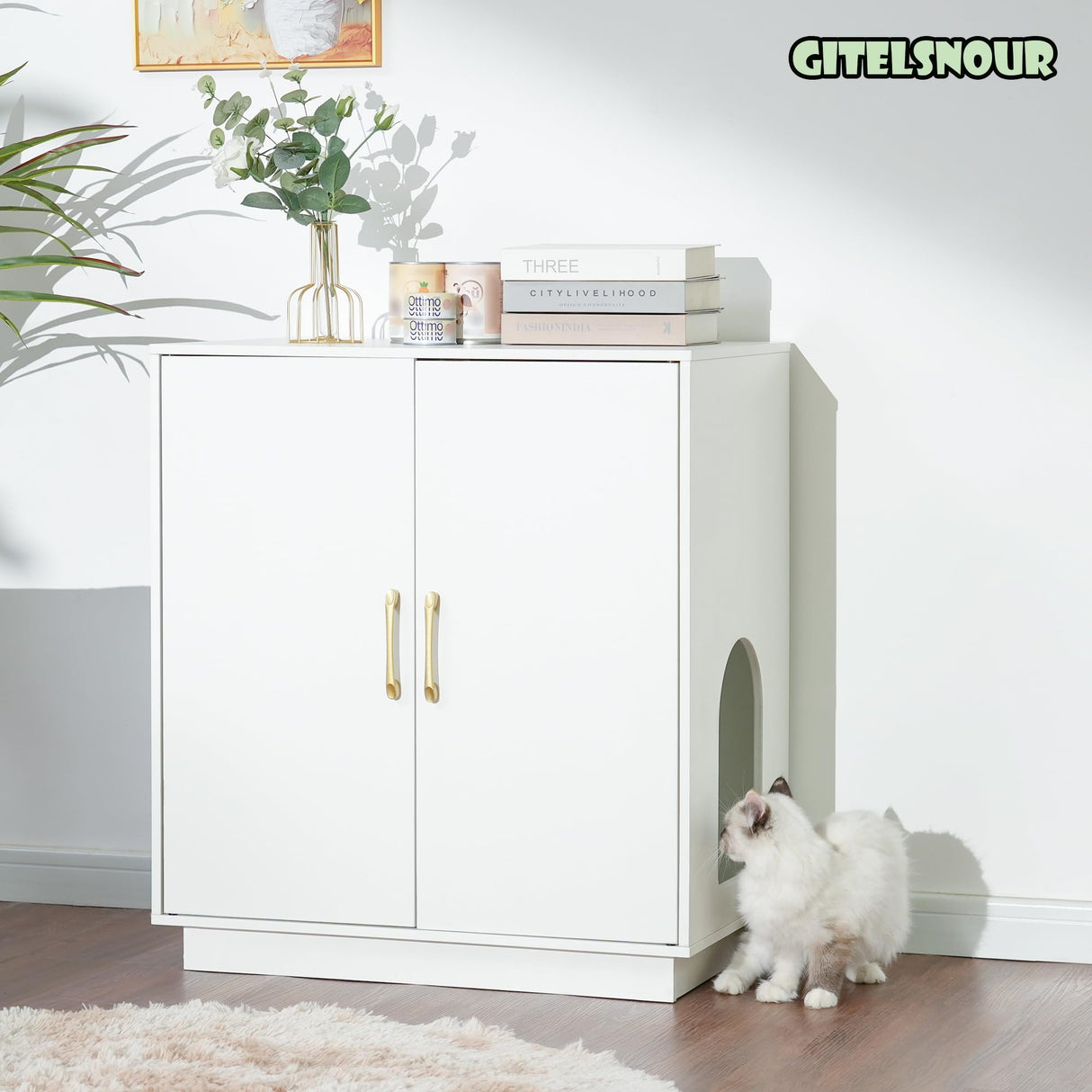 Gitelsnour Litter Box Enclosure, 30.9'' High Large Litter Box Furniture, Modern Cat Litter Box Enclosure with Hidden Storage, Side Table, End Table, White GCLB003WT Gitelsnour