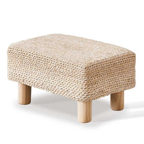 Cpintltr Foot Stool Ottoman Rectangular Footrest Pouf Ottomans Natural Seagrass Footstool with Wooden Legs Hand Weave Step Stool for Living Room Bedroom Entryway Natural White Cpintltr