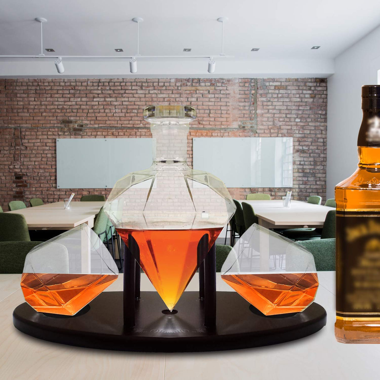 Whiskey Decanter Diamond shaped With 2 Diamond Glasses & Mahogany Wooden Holder – Elegant Handcrafted Crafted Glass Decanter For Liquor, Scotch, Rum, Bourbon, Vodka, Tequila – Great Gift Idea – 750ml RUGLUSH