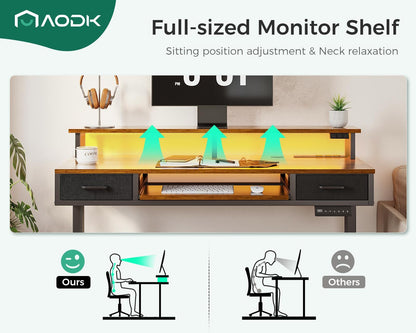 AODK Electric Standing Desk with 2 Drawers & Keyboard Tray and USB & LED Lights, 55inch Rustic Brown, Height Adjustable Desk with Power Outlets & LED Lights, Stand Up Desk with Monitor Shelf - WoodArtSupply