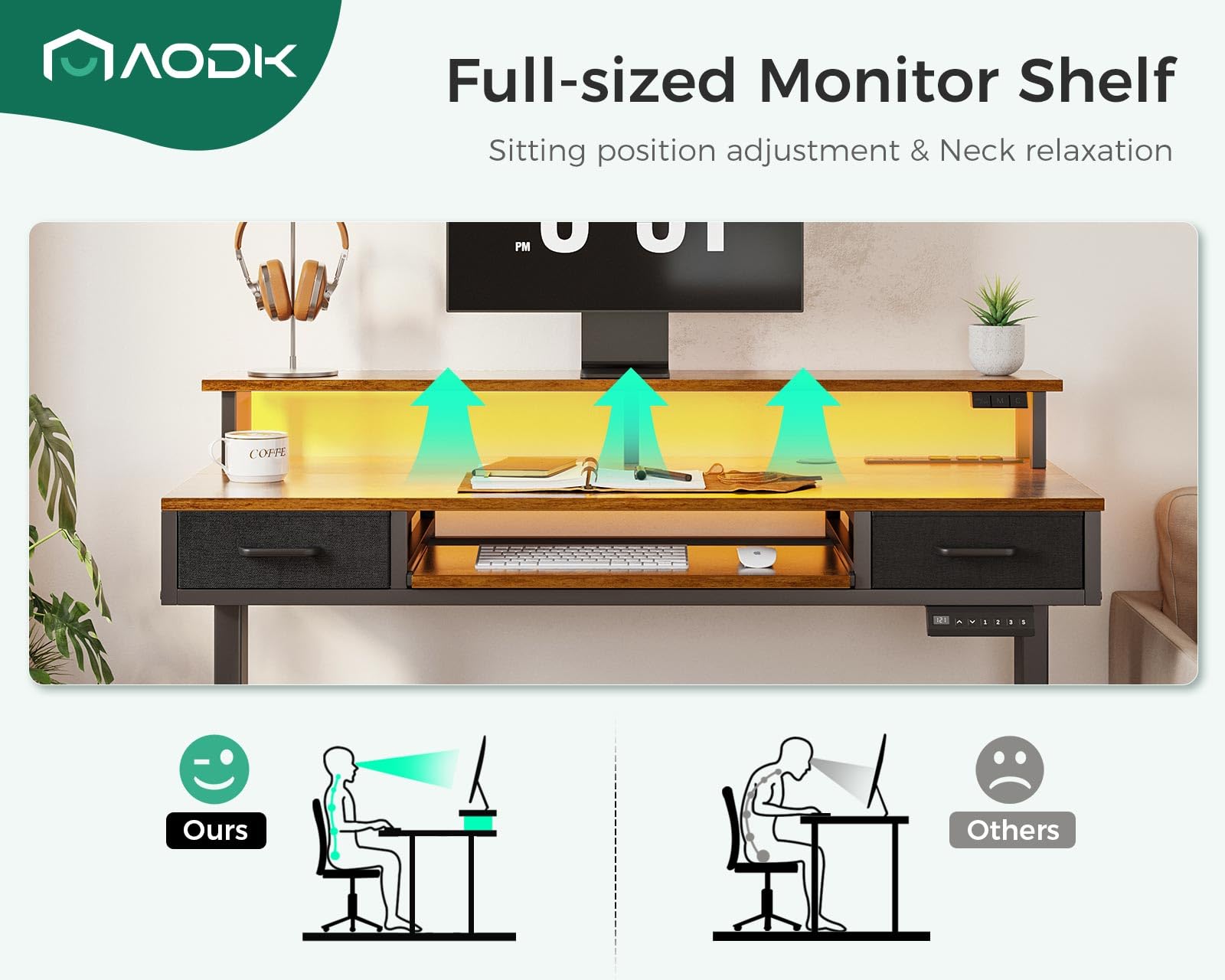 AODK Electric Standing Desk with 2 Drawers & Keyboard Tray and USB & LED Lights, 47inch Rustic Brown, Height Adjustable Desk with Power Outlets & LED Lights, Stand Up Desk with Monitor Shelf - WoodArtSupply