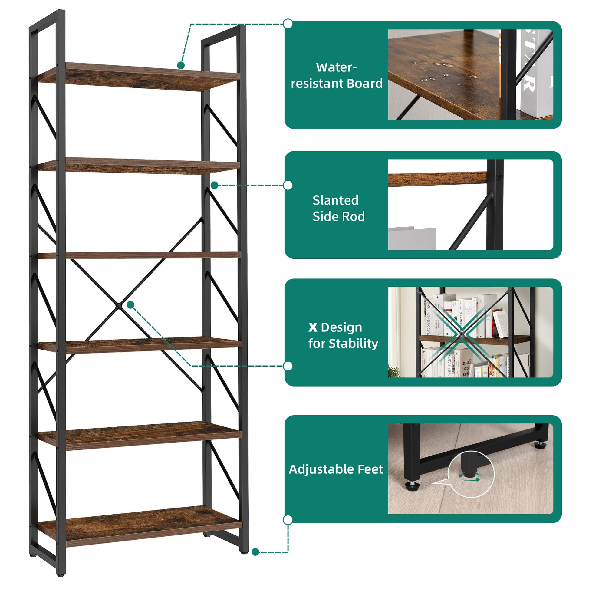 YITAHOME Rustic Brown 6-Tier Industrial Bookshelf - Open Display Storage Rack for Home and Office - WoodArtSupply