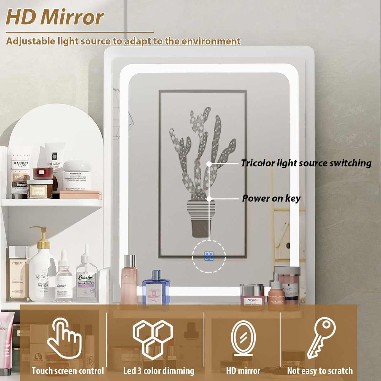 FUFU&GAGA Vanity Set with Rectangular Mirror, Makeup Vanity Dressing Table with 5 Drawers, Shelves, Dresser Desk and Cushioned Stool Set (B White/Lighted Mirror) FUFU&GAGA