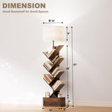 Tree Bookshelf with Light, 6 Tier Narrow Bookcase with Storage Cabinet, Tall Corner Book Shelf for Small Spaces, Vertical Floor Standing Organizer for Bedroom Living Room Home Office, Rustic Brown INNOD