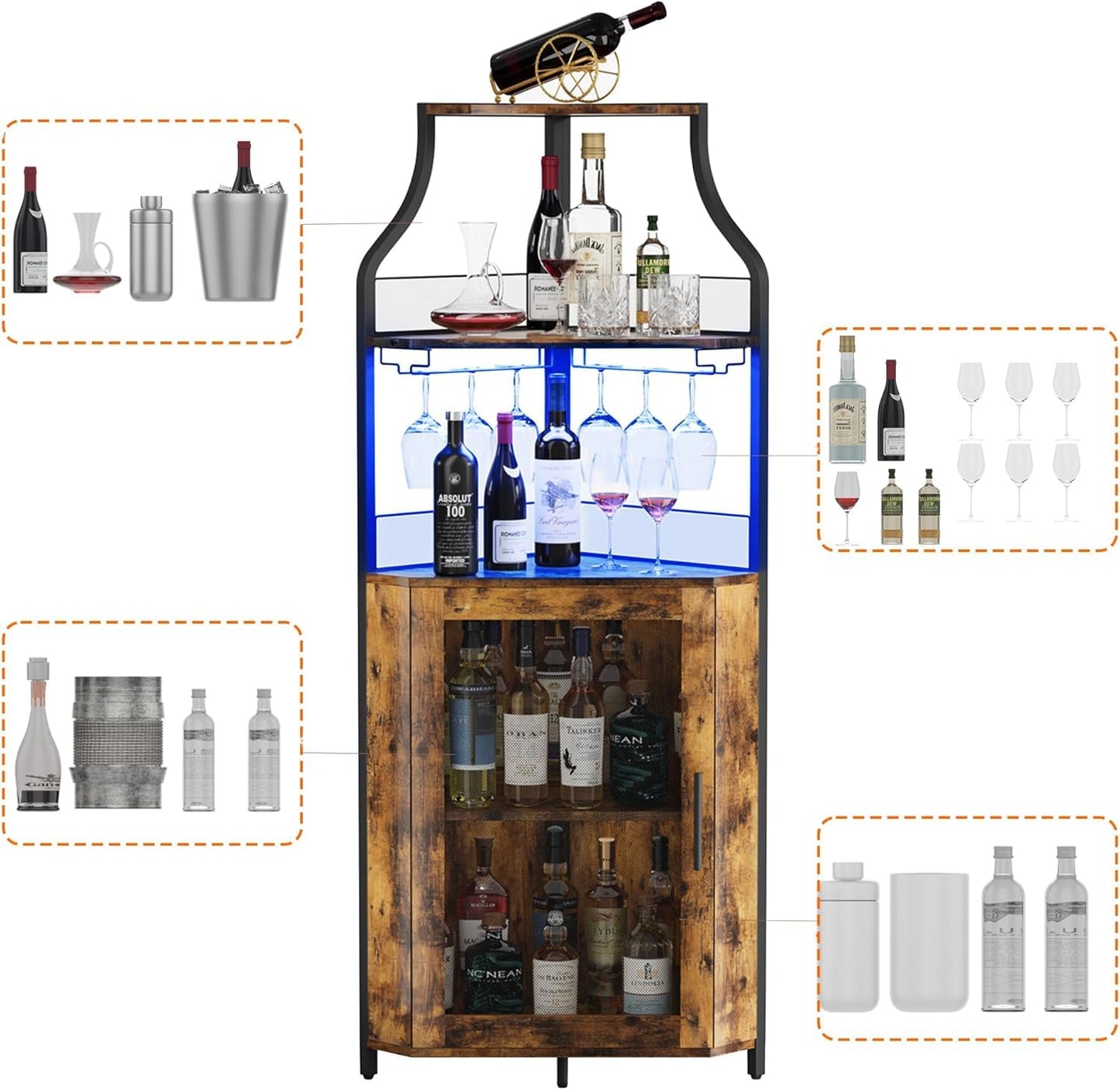 TrailBlaze Corner Bar Cabinet with LED Lights, Wine Bar Cabinet with Adjustable Shelf and Glass Holder 5-Tiers Storage Space Corner Liquor Cabinet Industrial Liquor Cabinet for Small Space, Retro