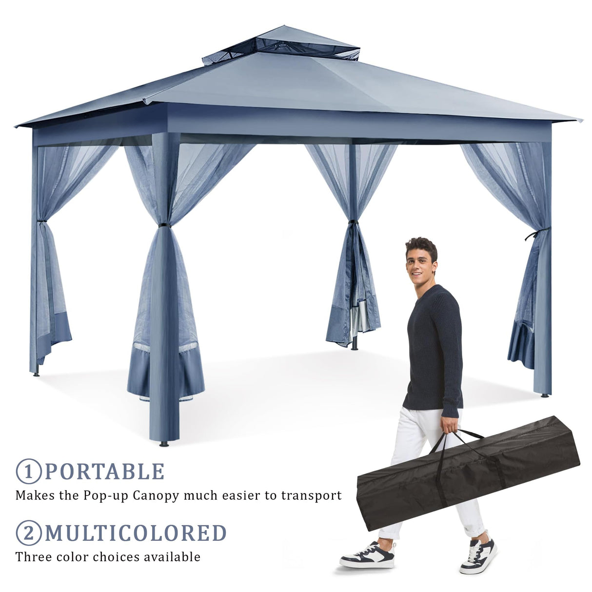 yoyomax 13X13 Outdoor Pop Up Gazebo with Netting, Portable Gazebo Waterproof Patio Canopy Shelter with Double Roof Tops and 169 Square Feet of Shade for Beach Parties, Camping and Picnics - Gray yoyomax