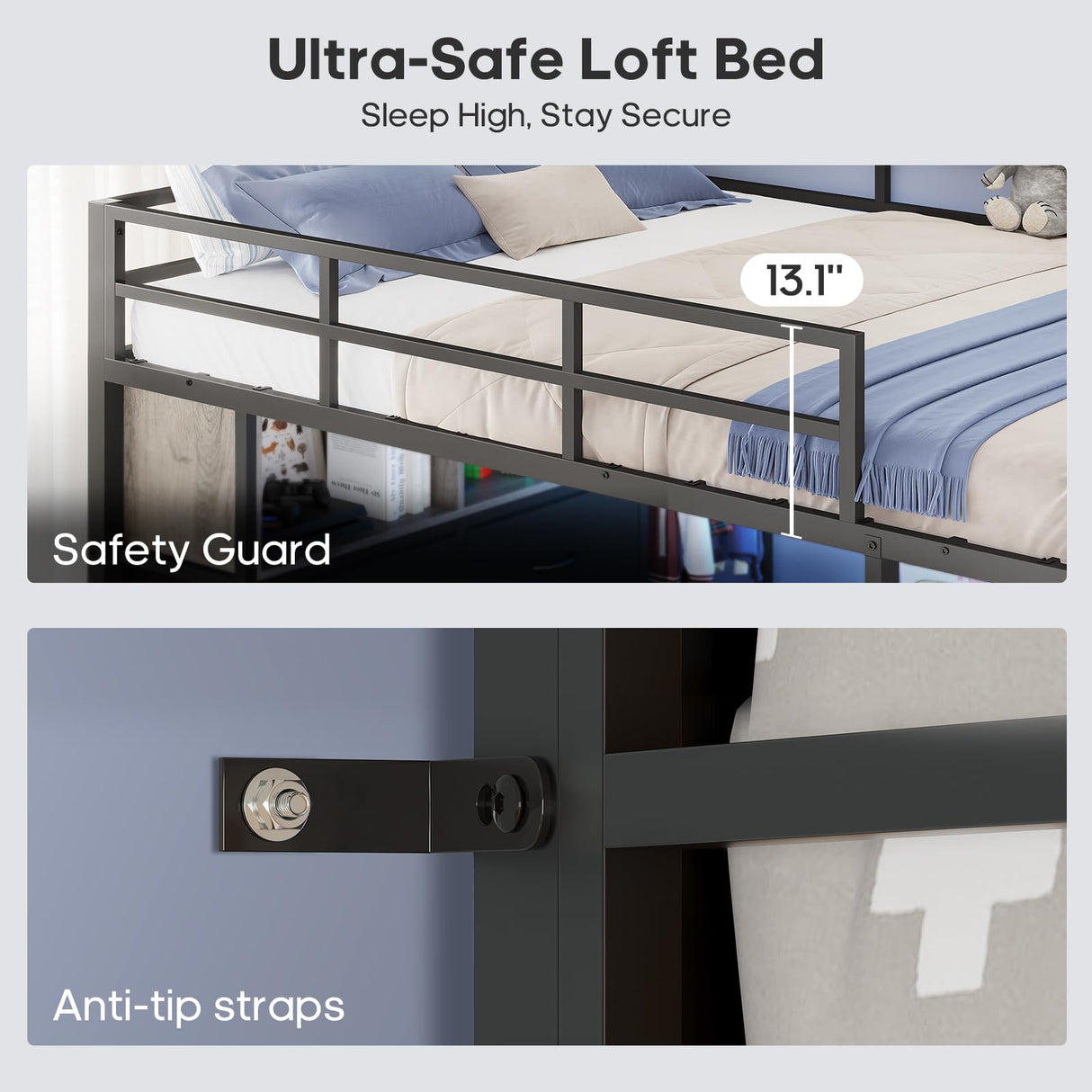 ADORNEVE Loft Bed Full Size with Desk and 8 Storage Drawers, LED Metal Loft Bed with Power Outlet, 2 Shelves & Clothing Rack, Bed with Safety Guardrail & Ladder,Space-Saving, Grey ADORNEVE