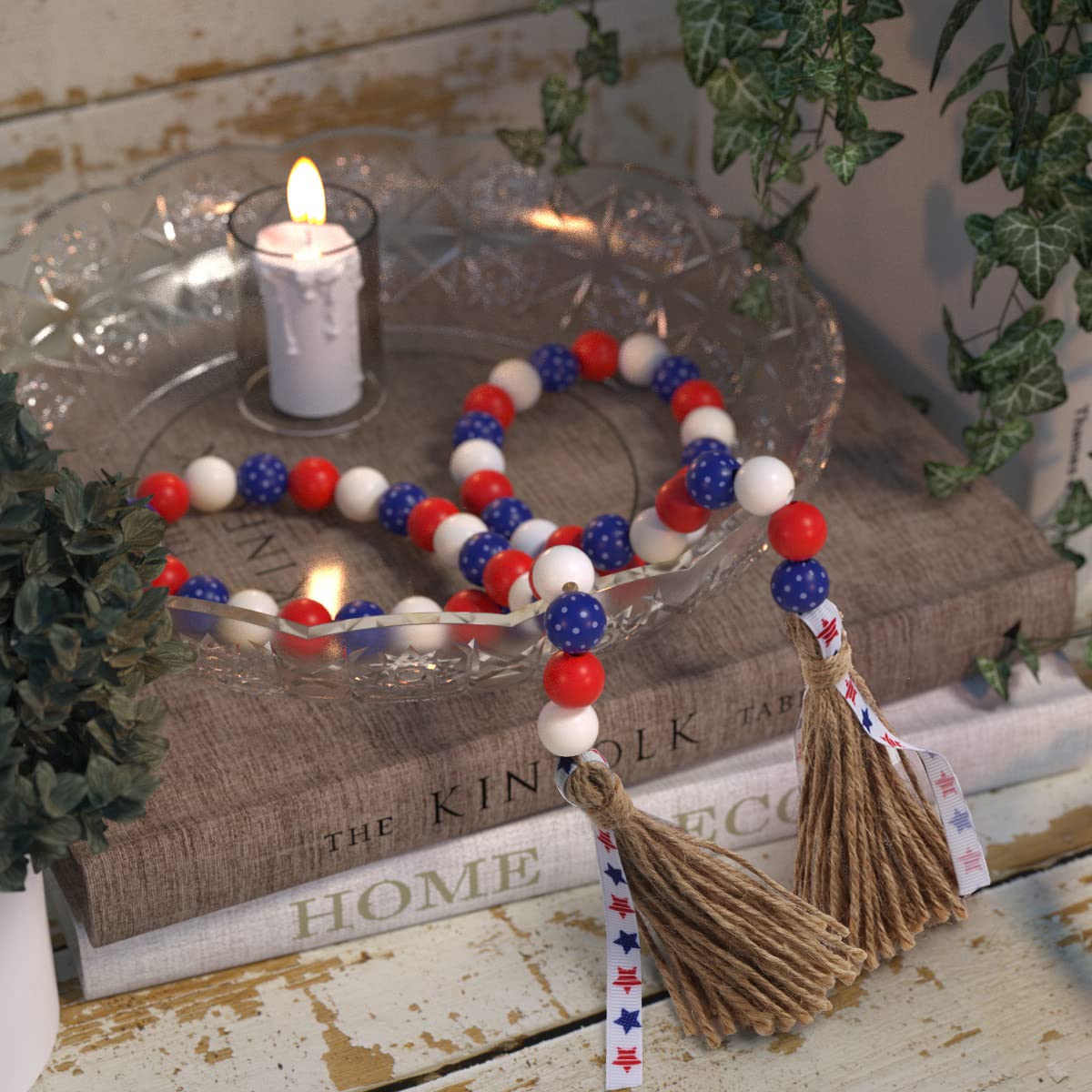 Patriotic Wood Bead Garland,YuanDe 2pcs 4th of July American Wooden Beads String Jute Rope Tassel,Farmhouse Rustic Hanging Bead Garland for Memorial Independence Day Vase Tiered Tray Wall Decor Gift YuanDe