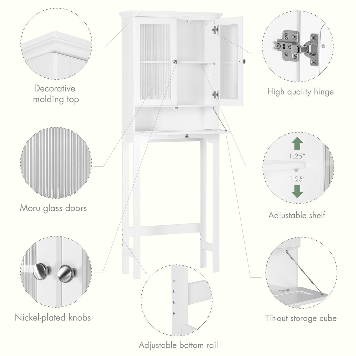 Spirich Over The Toilet Storage Cabinet with Muro Glass Doors, Over Toilet Bathroom Organizer with Tilt-Out Cube and Adjustable Shelf, White Spirich