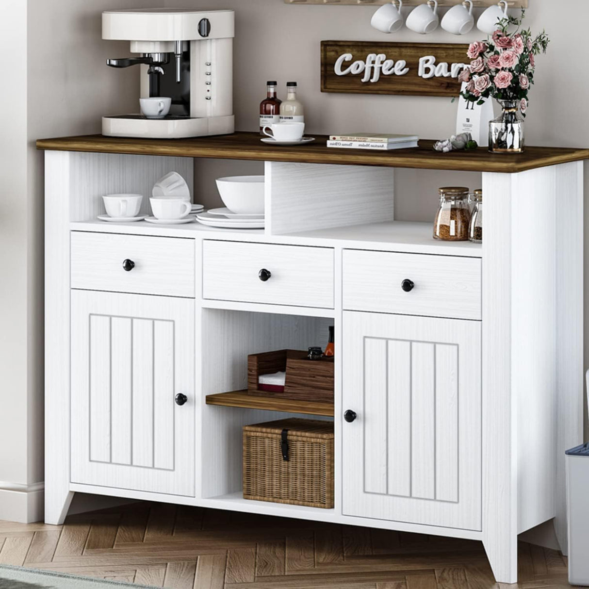Elegant White Coffee Bar Cabinet with Storage - 47'' Farmhouse Buffet with 3 Drawers, 2 Doors, and Open Shelf 4ever2buy