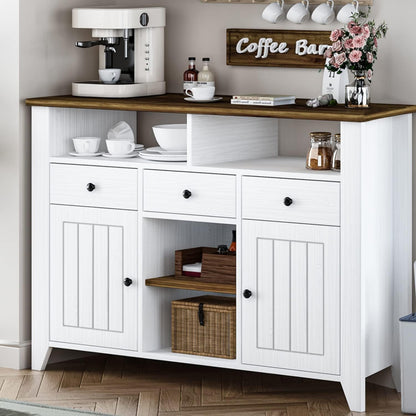 4ever2buy White Coffee Bar Cabinet with Storage, 47'' Kitchen Buffet Storage Cabinet with 3 Drawers and 2 Doors, Farmhouse Coffee Bar with Open Shelf, Coffee Bar Table for Living Room