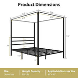 SUPER DEAL Metal Canopy Bed Frame Queen Size Four Poster Bedframe with Built-in Headboard 14 Inch Platform Mattress Foundation Sturdy Slatted Structure No Box Spring Needed Easy Assembly, Black SUPER DEAL