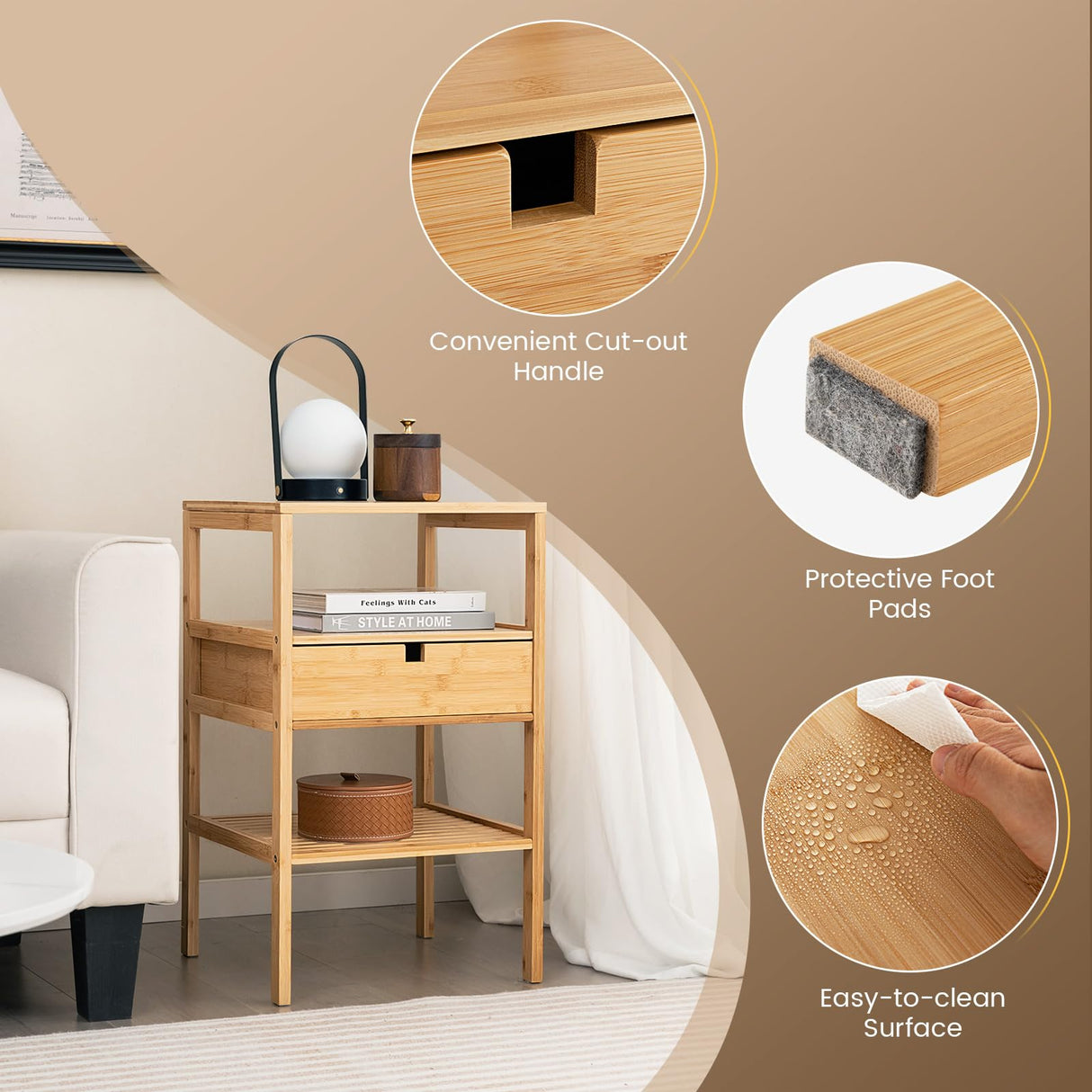 LOKO Bamboo Nightstands Set of 2, Wood Bedside Tables with Pull-Out Drawer & Storage Shelf, Simple Style End Tables for Bedroom, Living Room, Office, Study, Natural LOKO