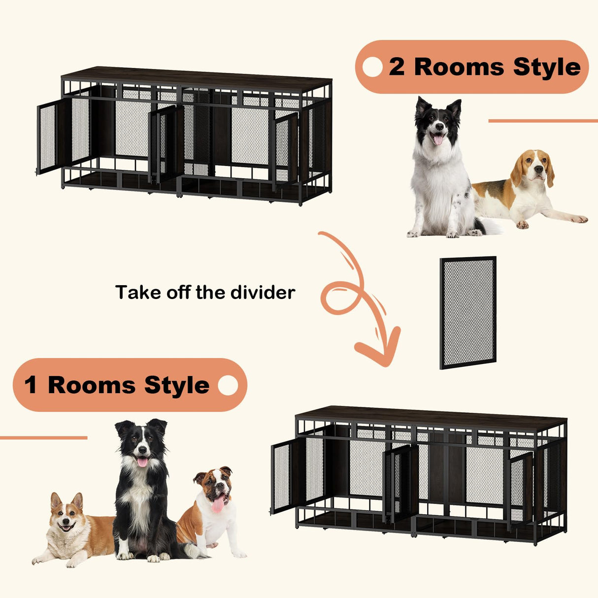 DAWNSPACES Furniture Dog Crate, 71" Heavy Duty Wood Dog Cage Kennel House Furniture with a Removable Divider, Indoor Dog Crate Table TV Stand with Double Doors for Large Medium Breed Dogs, Brown DAWNSPACES