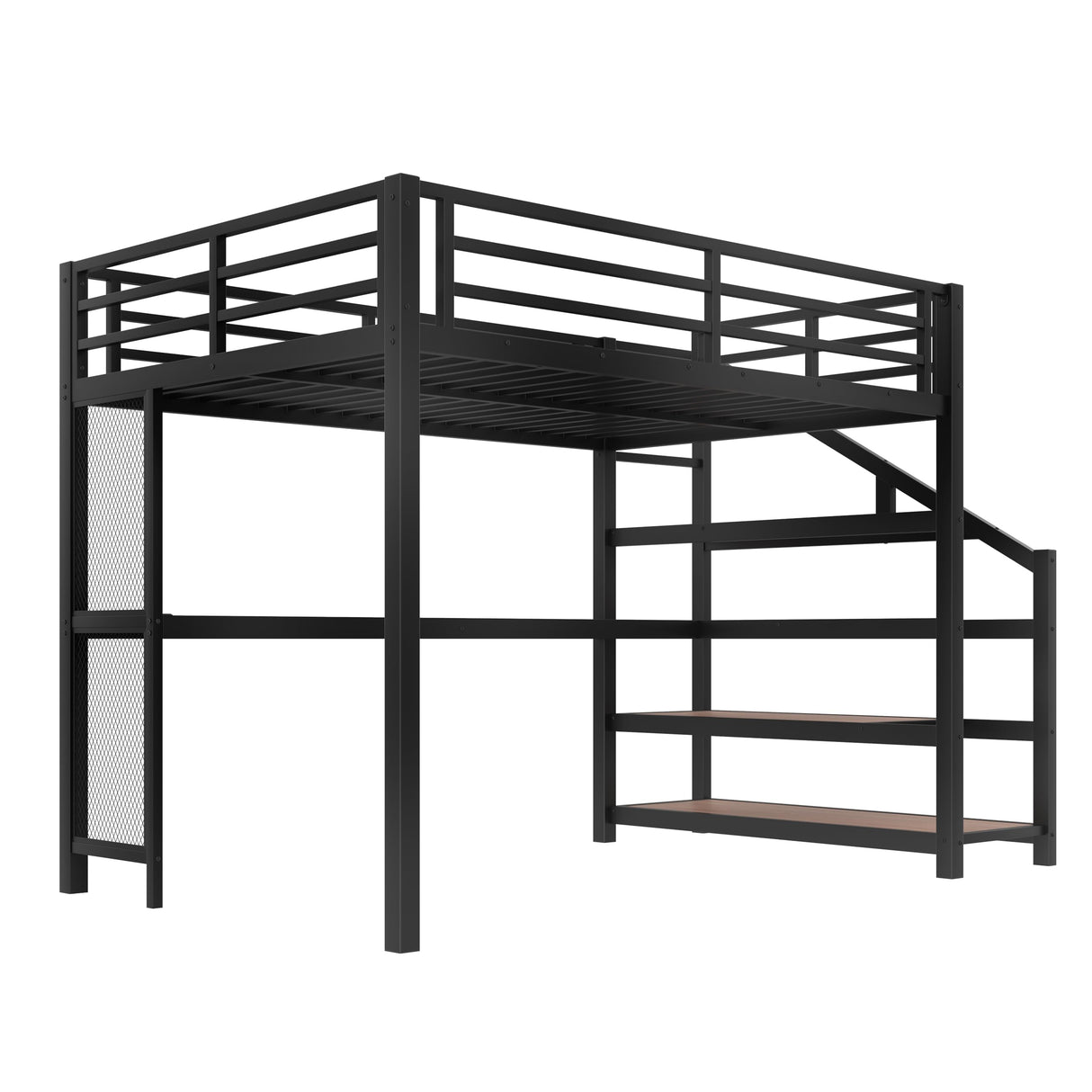 Bellemave Full loft Bed with Storage Stairs, Shelves, Metal Full Loft Beds with LED Lights, USB Ports, Multifunctional Iron Nets for Adults, Kids, Teens, Black Bellemave