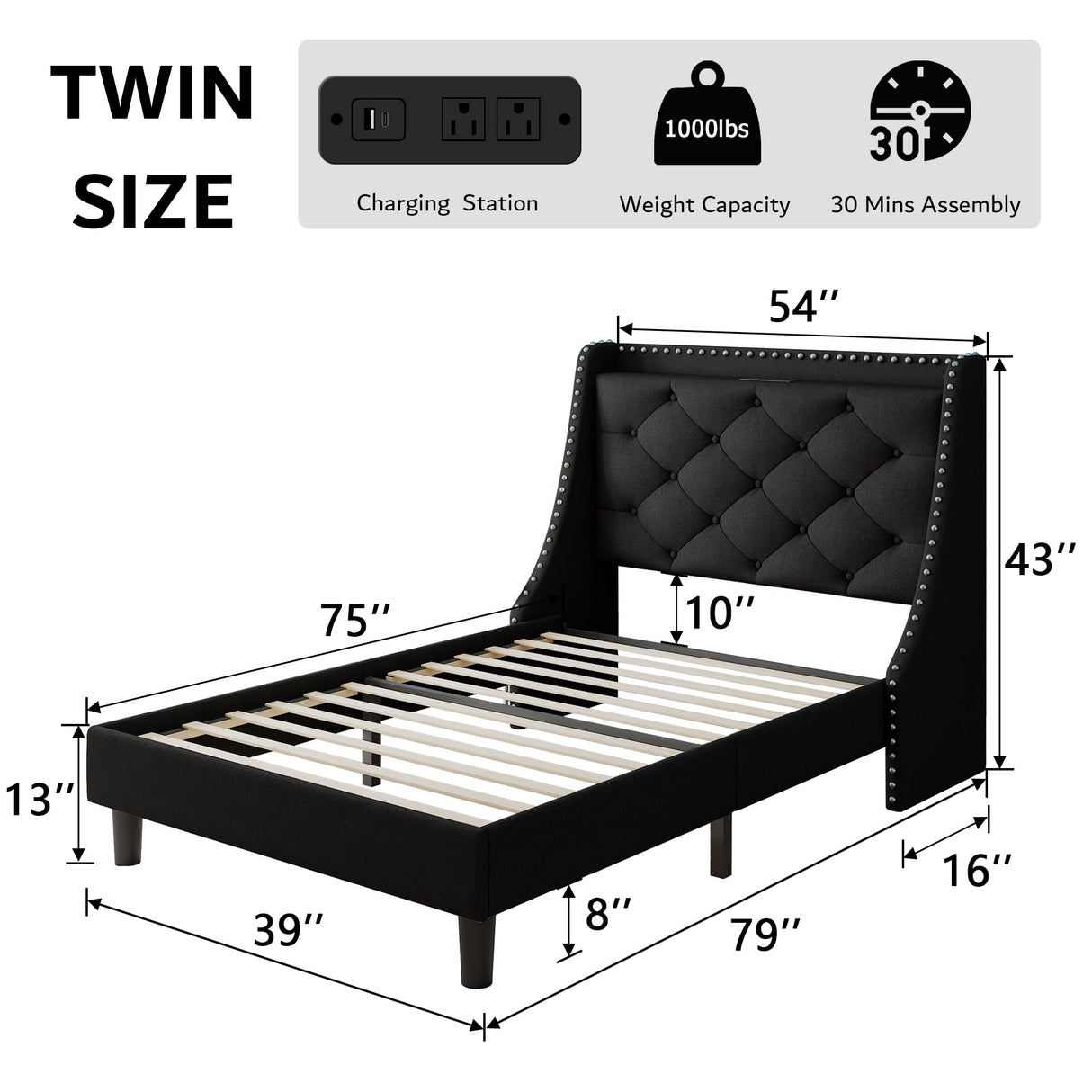 iPormis Twin Bed Frame with 16" Comfort Wingback & Charging Station, Upholstered Platform Bed with Button Tufted Storage Headboard, Solid Wood Slats Support, No Box Spring Needed, Black iPormis