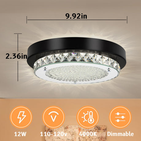 Knwjmv Ceiling Light Fixture Hallway Lighting Fixtures Ceiling 9In Bathroom Ceiling Light Crystal Ceiling Light Dimmable Black Flush Mount Ceiling Light Fixture for Bedroom, Living Room, Dining Room Knwjmv