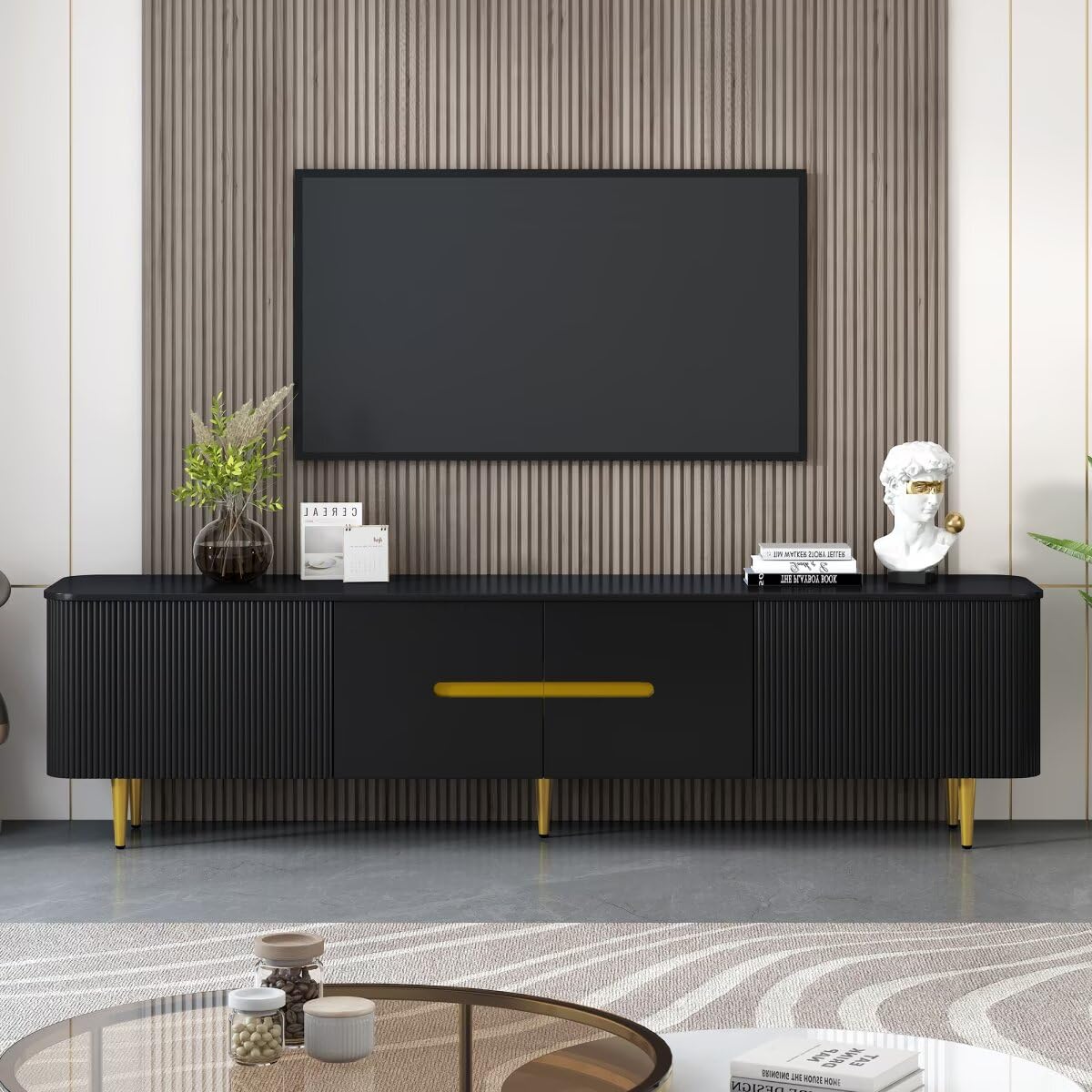 JIJIWANG 78.7''Minimalist TV Stand for TVs up to 85 Inches, Modern Entertainment Center Media Console with 4 Spacious Cabinets for Living Room,Up to 80-89",Black JIJIWANG