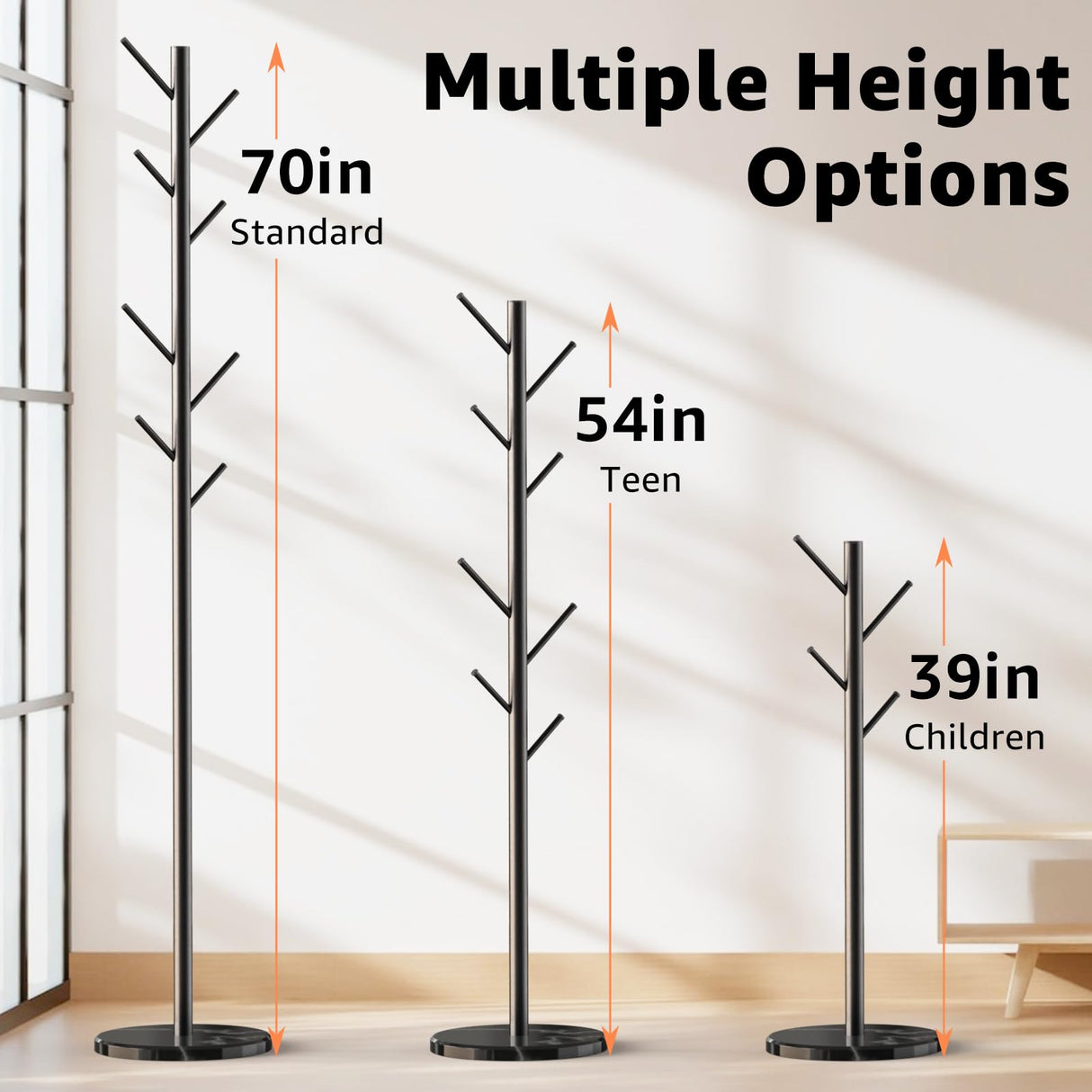HzTinT Coat Rack with Natural Marble Base, Metal Freestanding Coat Rack with 8 Hooks, 3 Adjustable Size Sturdy Coat Tree for Bags, Coats, and Hats for Entryway, Hallway, Bedroom, Office, Black HzTinT