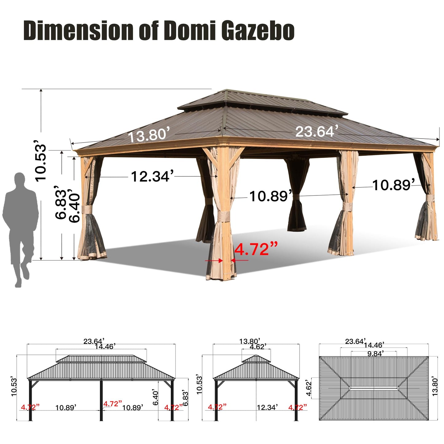 Domi 14'x24' Hardtop Gazebo Canopy,Outdoor Aluminum Gazebo with Galvanized Steel Double Roof, Extra Large Permanent Gazebo Pavilion for Patio Deck Backyard,Curtain and Netting,Wood Grain - WoodArtSupply