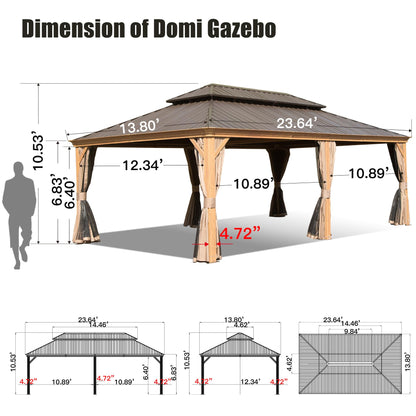 Domi 14'x24' Hardtop Gazebo Canopy,Outdoor Aluminum Gazebo with Galvanized Steel Double Roof, Extra Large Permanent Gazebo Pavilion for Patio Deck Backyard,Curtain and Netting,Wood Grain - WoodArtSupply