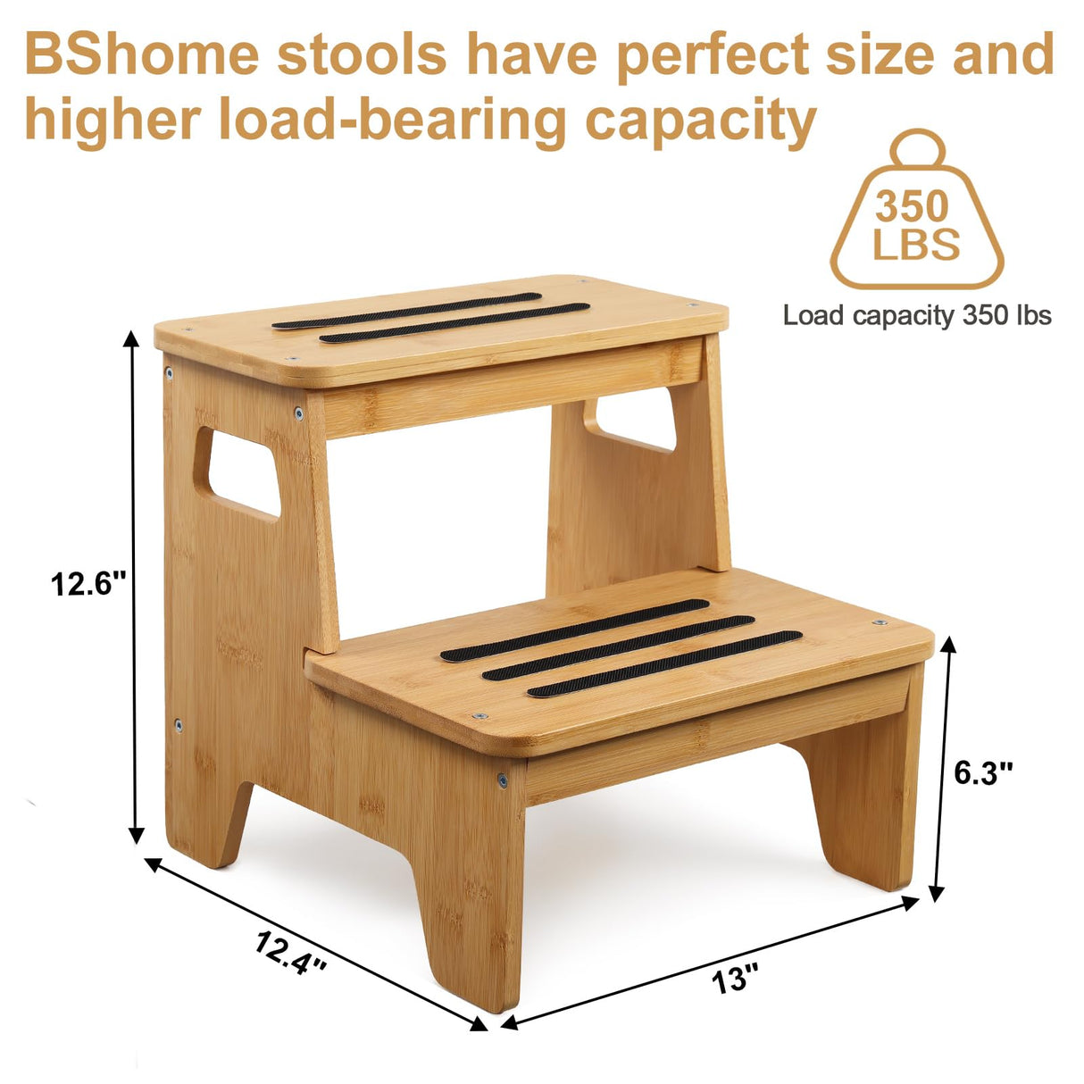 Wooden 2-Step Stool, Bamboo Step Stool with Handles, DIY Non-Slip Surface, Portable Stepping Stool for Kitchen, Toilet, Bathroom Sink, Bedroom, Natural BShome