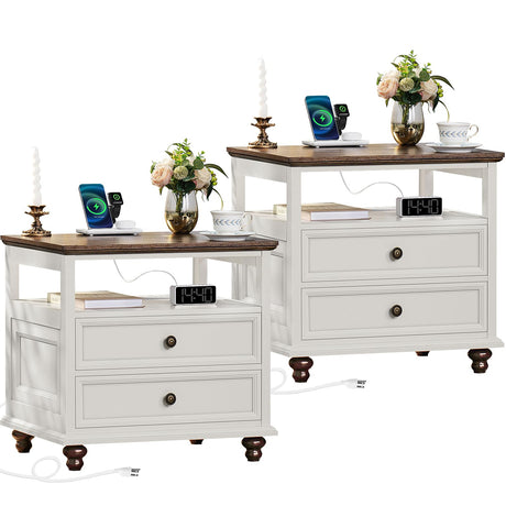 Joaxswe Farmhouse Nightstand Set of 2 with Charging Station, 24" Wide End Table with 2 Drawers,Dresser for Bedroom,Bed Side Table Chest of Drawers Cabinet,Wood White Night Stand for Living Room Joaxswe