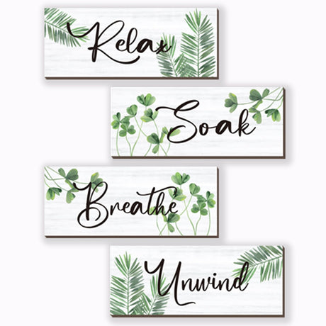 4 Pcs Farmhouse Bathroom Wall Decors Relax Soak Unwind Breathe Wooden Word Sign Green Hanging Wall Art Rustic Office Wall Decor for Bedroom Living Room Vintage Decorations(Green Leaves 10X4 Inch) ONIZHITY