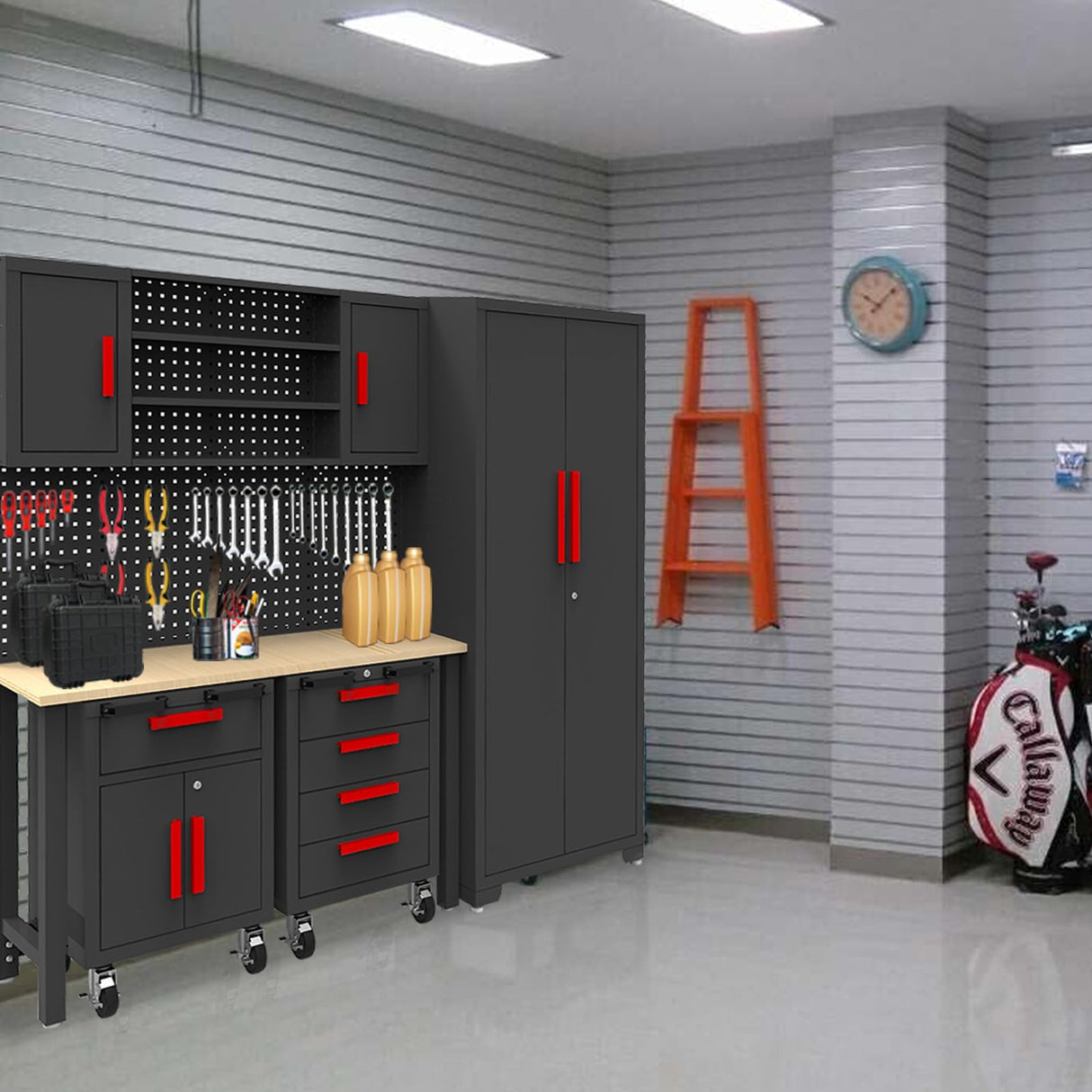 Torin 6 Piece Garage Cabinets Storage System: Includes Steel Cabinets, Drawers, Rolling Chest and Pegboard, Garage Workbench with Storage - Perfect for Organizing Garage and Tools, Black Torin